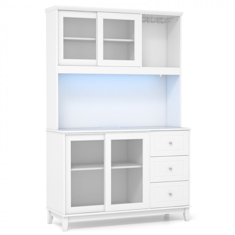 White kitchen pantry storage cabinet with LED lights, power outlets, and glass doors for stylish organization.