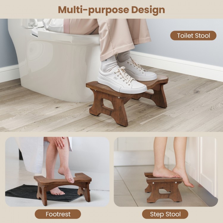 Teak wood toilet stool with non-slip foot pads, used as a footrest or step stool, designed for safety and stability.