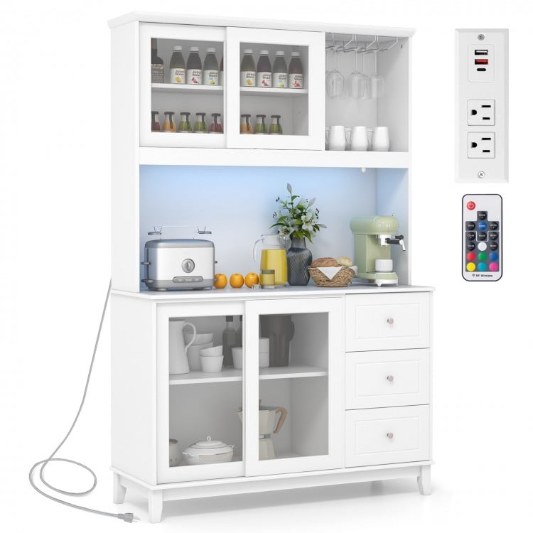 Kitchen pantry storage cabinet in white with LED lights, power outlets, and adjustable shelves for versatile.