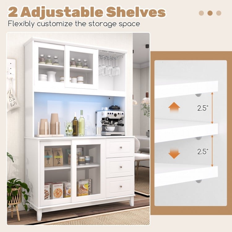 Kitchen pantry storage cabinet with adjustable shelves, LED lights, and power outlets for customizable kitchen.