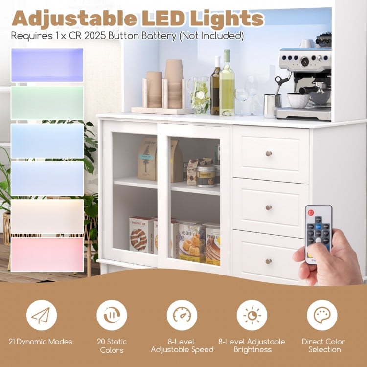 Kitchen pantry storage cabinet in white with LED lights, adjustable shelves, and power outlets for versatile storage.