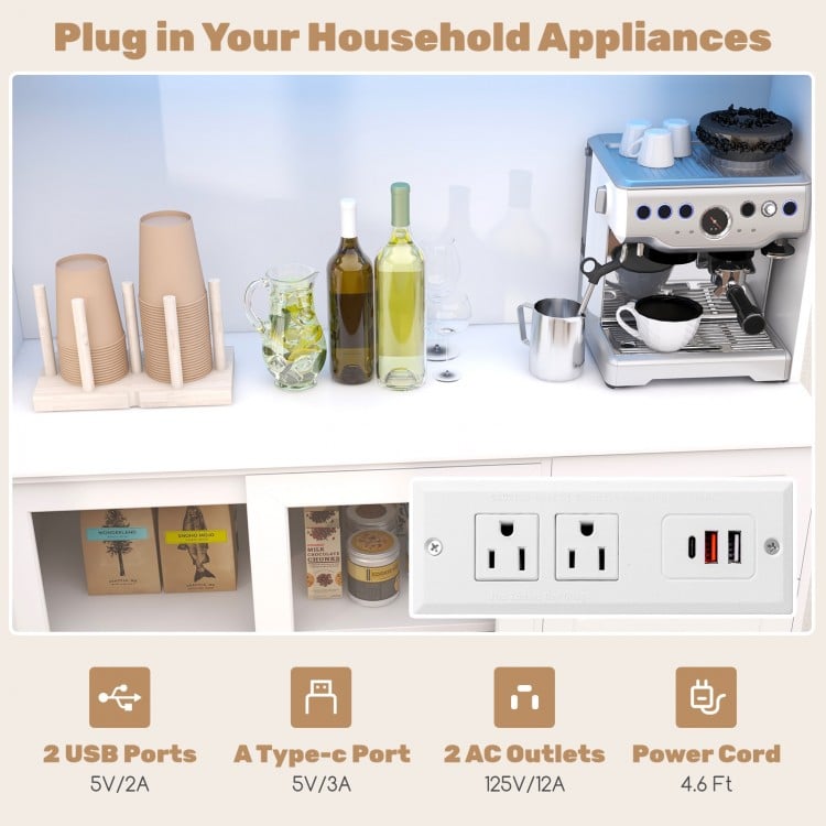 Kitchen pantry storage cabinet with LED lights, power outlet, USB ports, and adjustable shelves for versatile.