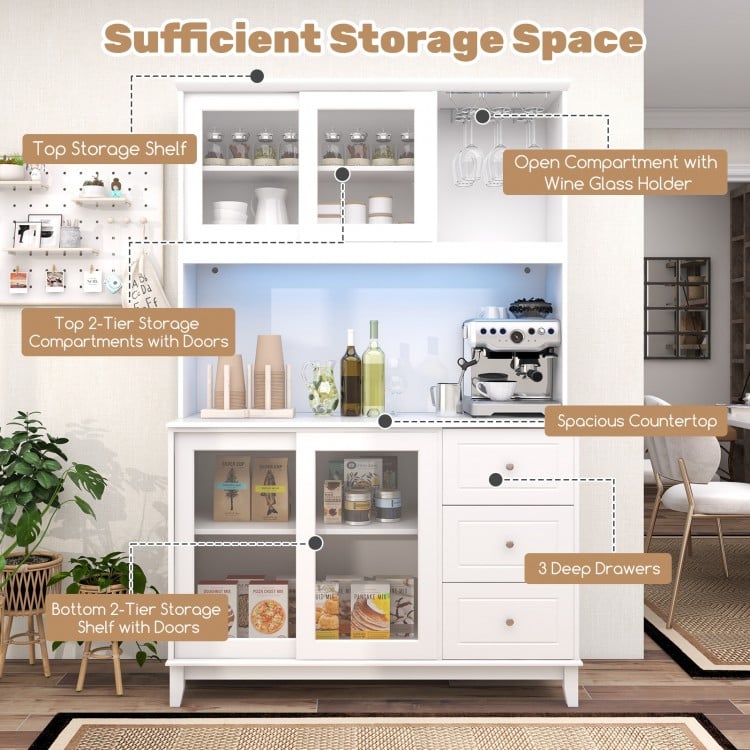 Kitchen pantry storage cabinet with LED lights, wine glass holder, and spacious countertop for organized kitchen.