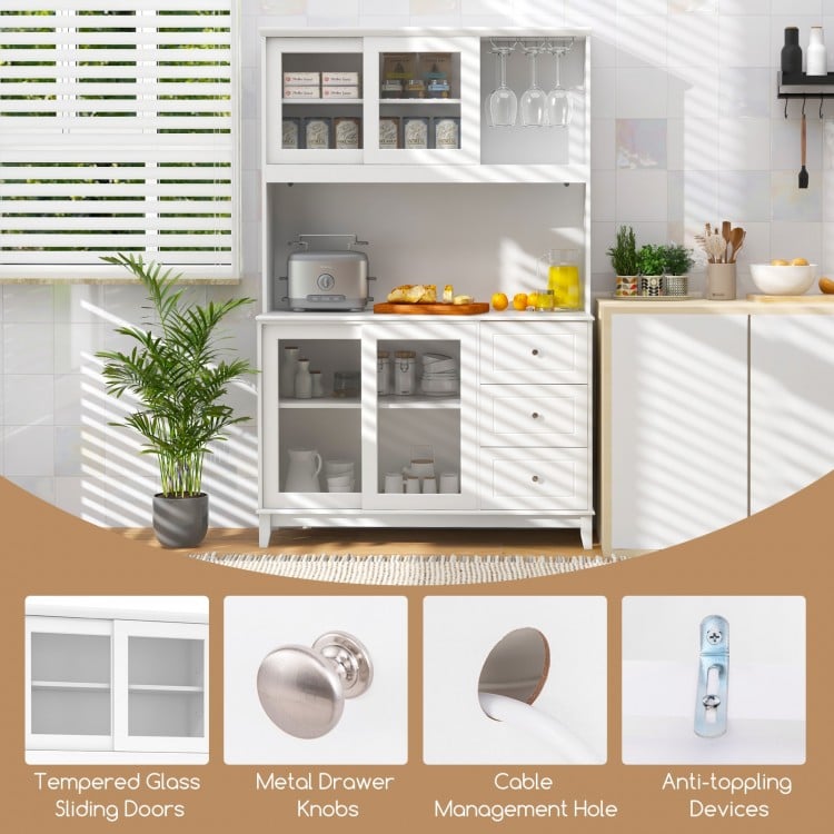 Kitchen pantry storage cabinet in white with tempered glass doors, LED lights, and power outlets for modern kitchen.