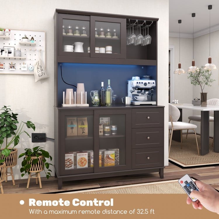 Kitchen pantry storage cabinet with LED lights, remote control, and power outlets, featuring glass doors and ample.