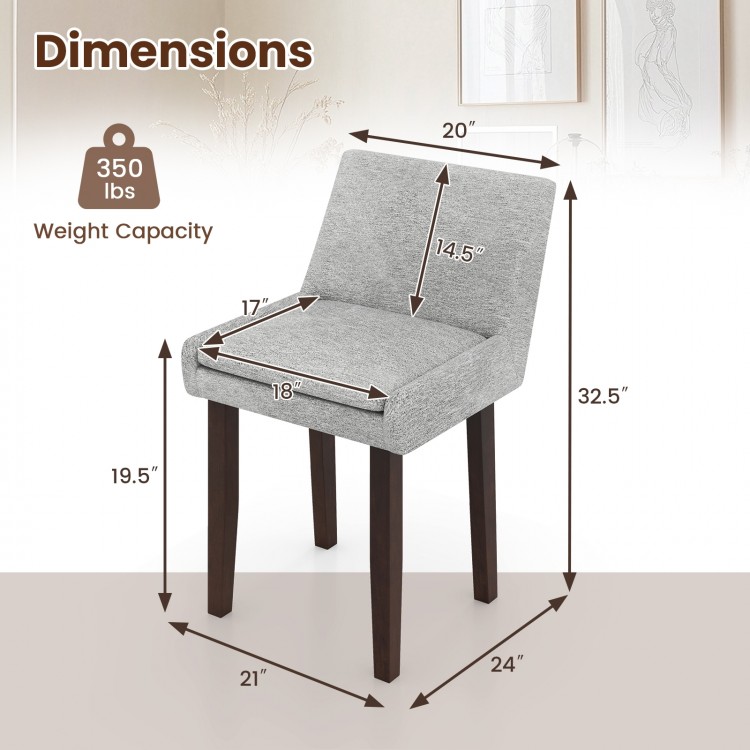 Gray upholstered side leisure chair dimensions with solid rubber wood legs, suitable for living or dining rooms.