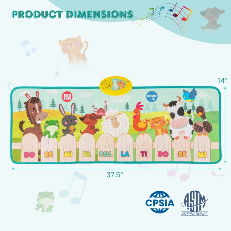 Kids musical mat featuring 10 animal sounds and piano keys, designed for safe, fun play indoors and outdoors.
