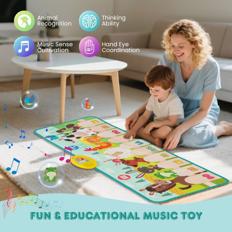 Kids musical mat featuring animal sounds and piano keys, designed for fun and educational play indoors or outdoors.
