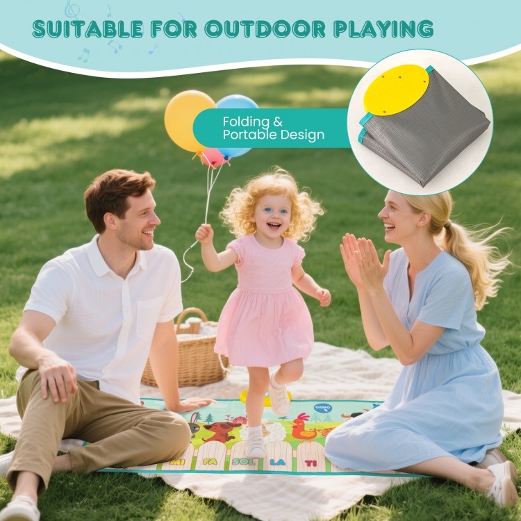 Kids musical mat featuring animal sounds and piano keys, portable design for outdoor play, safe and easy to clean.