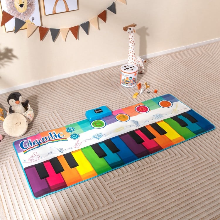 Colorful floor piano dance mat for kids with 8 instrument sounds, featuring 24 keys and anti-slip bottom for safe play.