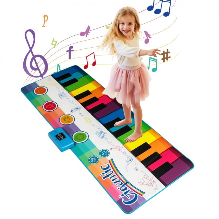 Colorful floor piano dance mat for kids with 8 instrument sounds, 24 keys, and anti-slip bottom for safe outdoor play.