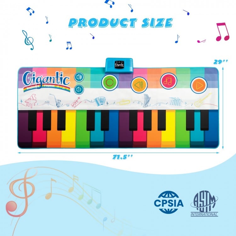 Colorful floor piano dance mat with 24 keys and 8 instrument sounds, ideal for kids' musical play and outdoor fun.