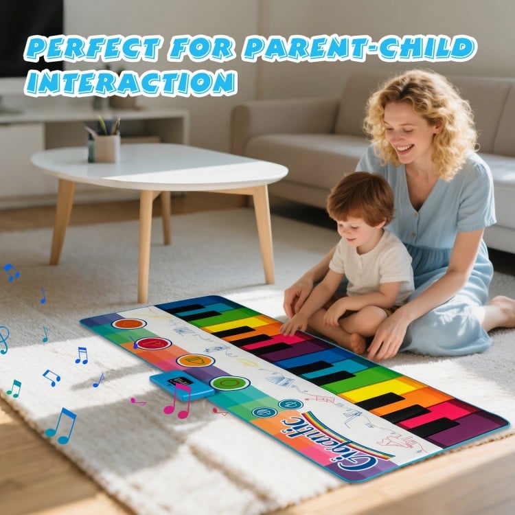 Colorful floor piano dance mat with 8 instrument sounds, ideal for kids aged 3+, promoting music and coordination.