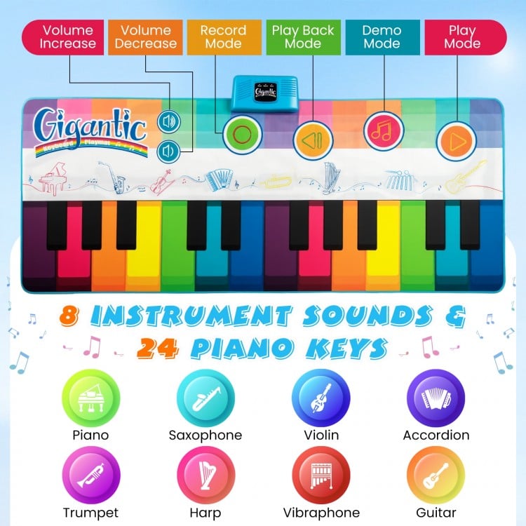 Colorful floor piano dance mat with 24 keys and 8 instrument sounds, ideal for kids' musical play and development.