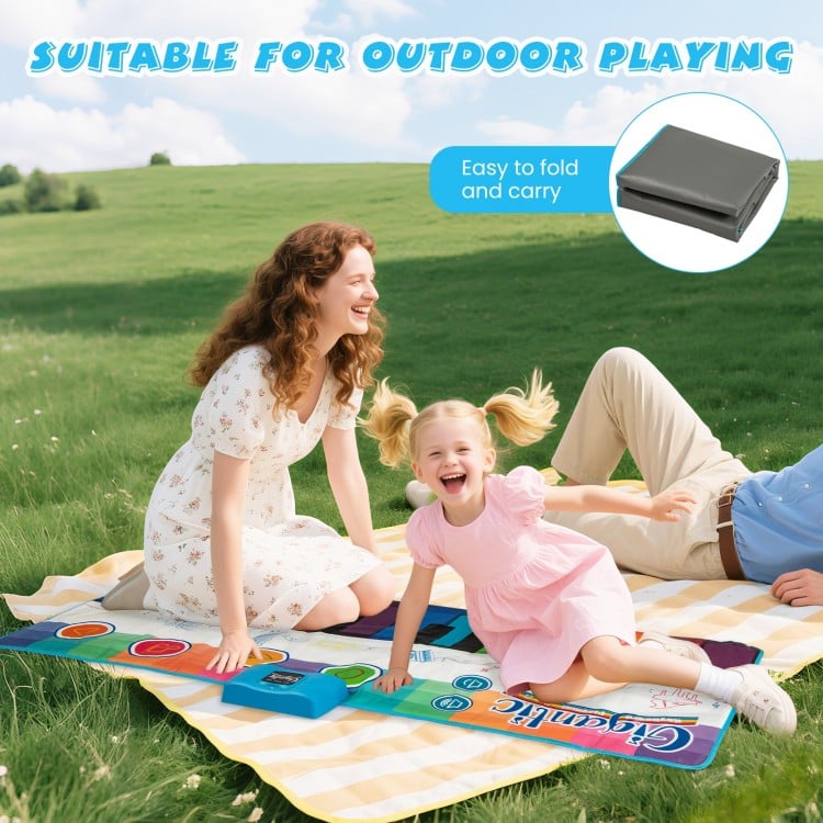 Colorful Floor Piano Dance Mat for kids with 8 instrument sounds, perfect for outdoor play and easy to fold and carry.