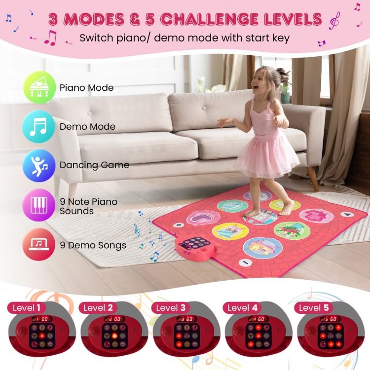 Colorful Fun Dance Mat for Kids featuring 9 note piano sounds and 3 modes for interactive play and dancing fun.