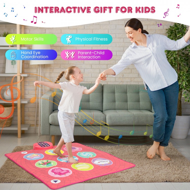 Colorful Fun Dance Mat for Kids featuring piano sounds, cartoon patterns, and anti-slip bottom for safe play.
