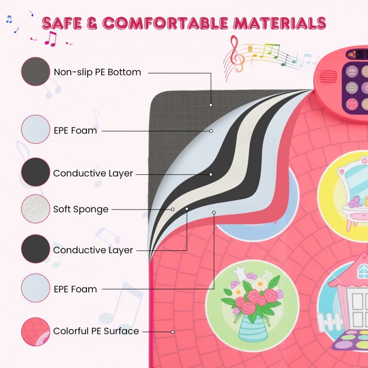 Colorful PE surface dance mat with anti-slip bottom and soft sponge padding, designed for kids' interactive play.