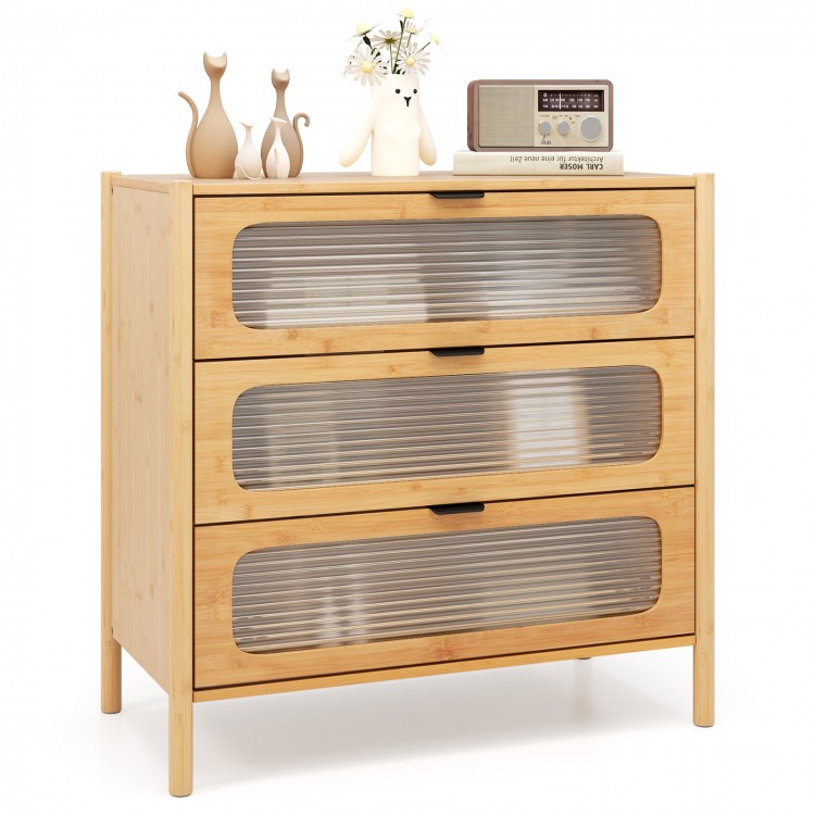 Three-drawer mid-century modern chest of drawers with reeded tempered glass front, natural bamboo frame for organized.