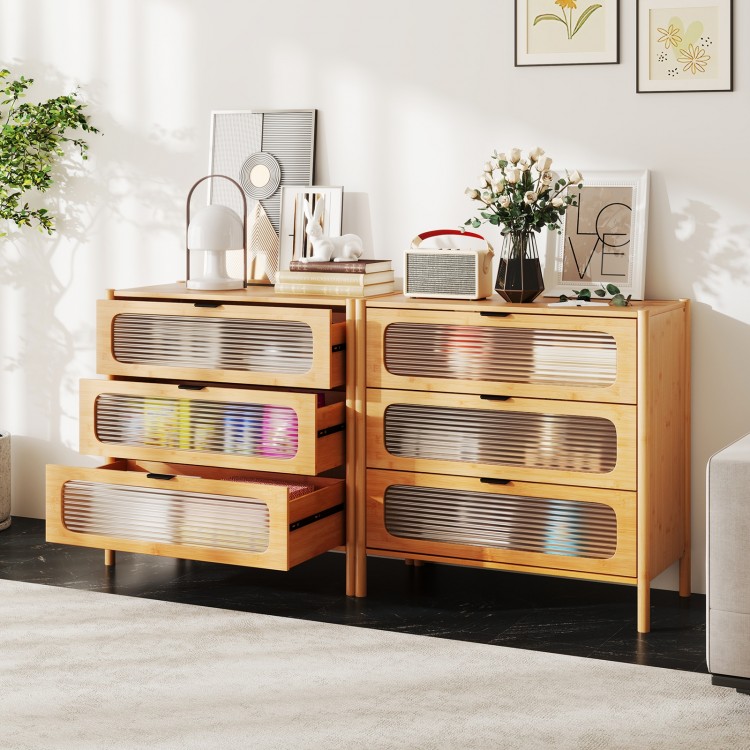 Mid-century modern chest of drawers with reeded tempered glass fronts, featuring three spacious drawers for organized.
