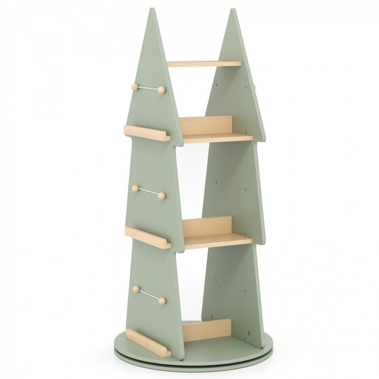 Tree-shaped kids rotating bookshelf in green with 4 shelves and solid pine wood, perfect for playrooms and easy.