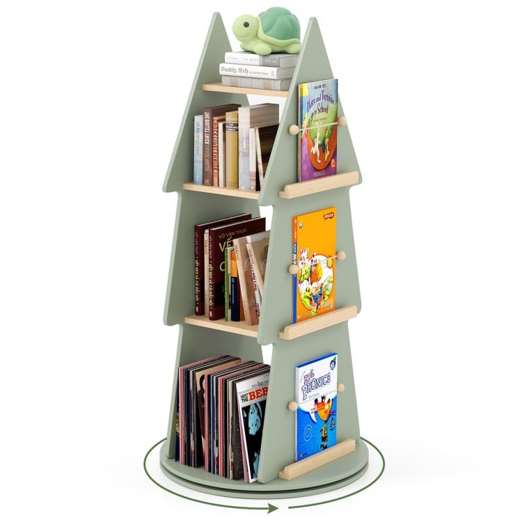 Tree-shaped kids rotating bookshelf in green with 4 shelves and 6 side storage options, perfect for playful.