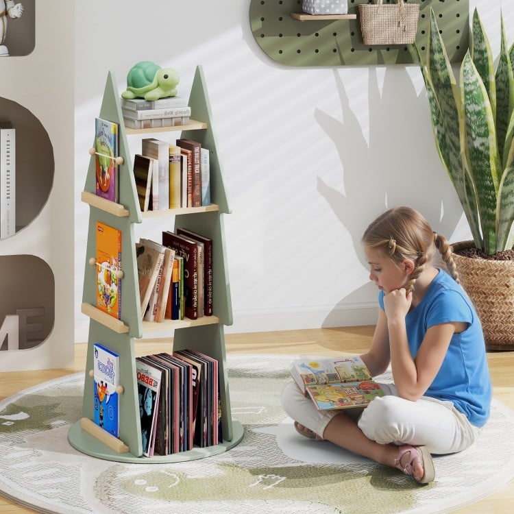 Tree-shaped 4-tier rotating bookshelf in green, featuring solid pine wood and 360° display for kids' rooms and.
