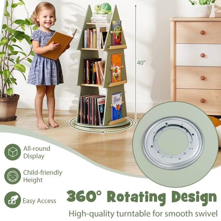 Tree-shaped 4-tier kids rotating bookshelf in green, featuring 360° display, solid pine wood, and anti-slip foot pads.