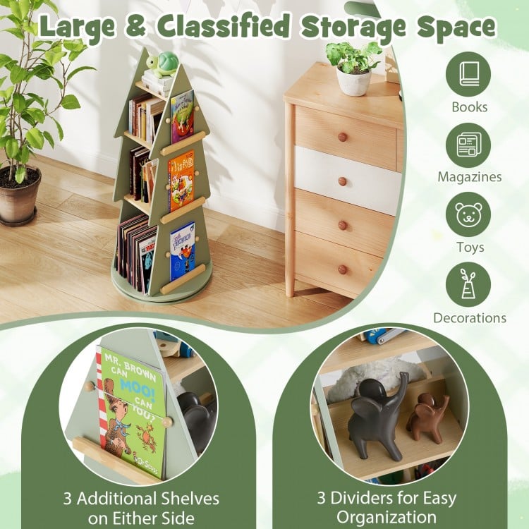 Tree-shaped 4-tier rotating bookshelf in green with 3 dividers and 6 side shelves for kids' room organization.