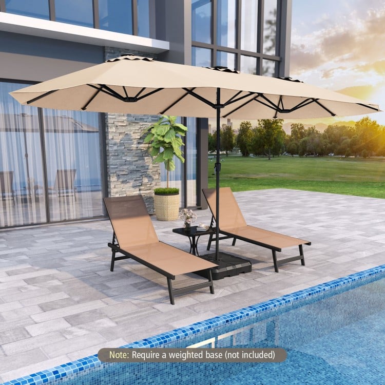 Double-sided 15.5 ft beige patio umbrella with LED solar lights, crank handle, and air vent for outdoor shade.