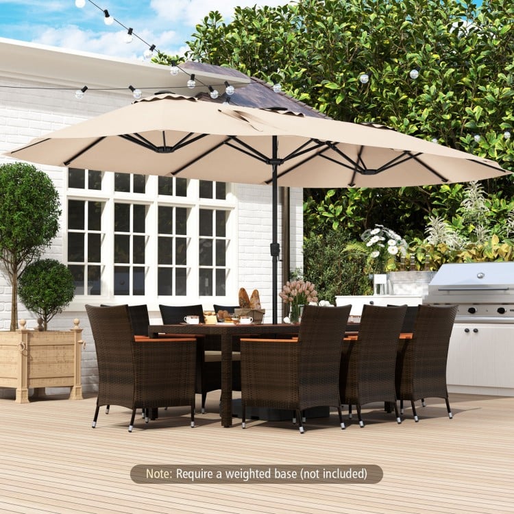 15.5 ft extra-large beige patio umbrella with LED solar lights, double-sided design, ideal for outdoor shade and.