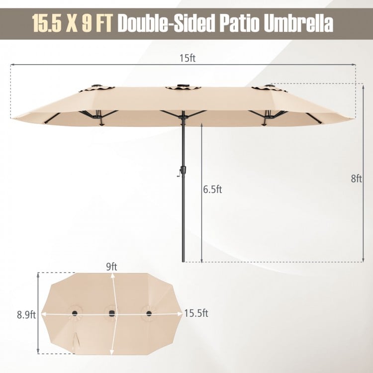Double-sided 15.5 ft beige patio umbrella with LED solar lights, crank handle, and air vent for enhanced shade coverage.