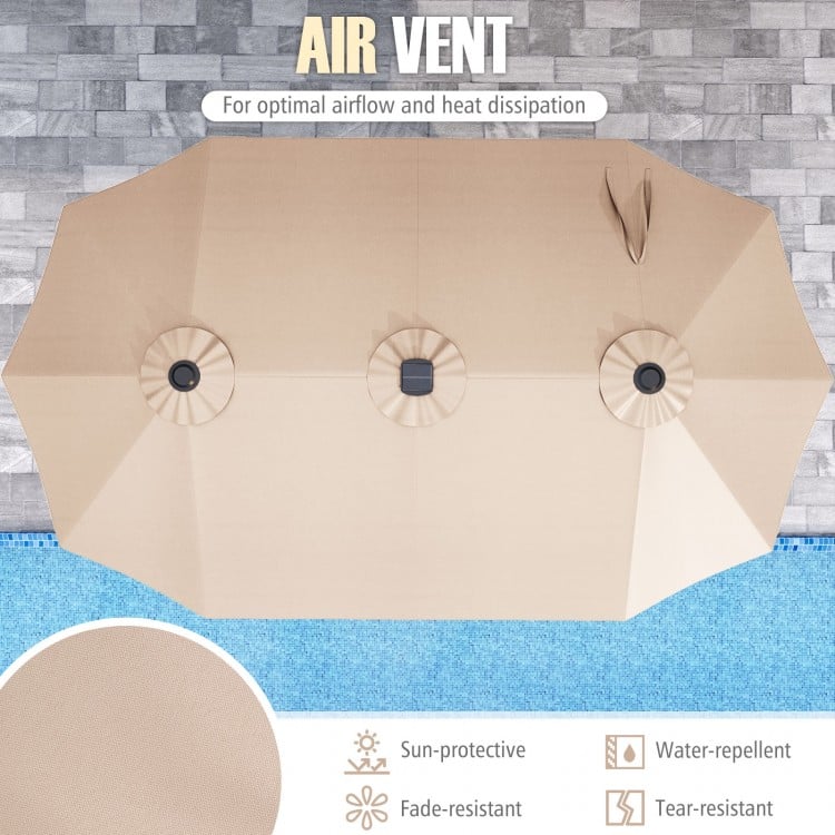 Top view of the 15.5 ft beige patio umbrella with air vent, featuring LED lights for enhanced outdoor ambiance.