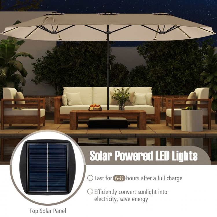 15.5 ft beige patio umbrella with solar-powered LED lights, double-sided design for large shade coverage and easy crank.