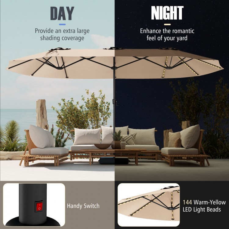 15.5 ft beige patio umbrella with LED solar lights, double-sided design for large shade coverage, ideal for outdoor.