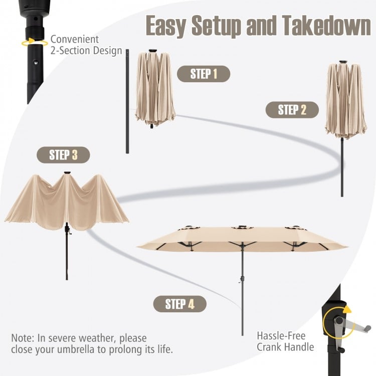 15.5 ft beige patio umbrella with LED solar lights, crank handle, and double-sided design for ample shade coverage.