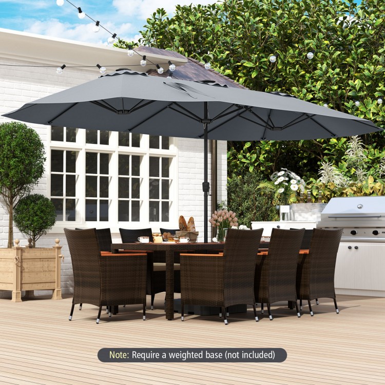 15.5 ft gray patio umbrella with LED solar lights, double-sided design, and crank handle for outdoor shade and ambiance.
