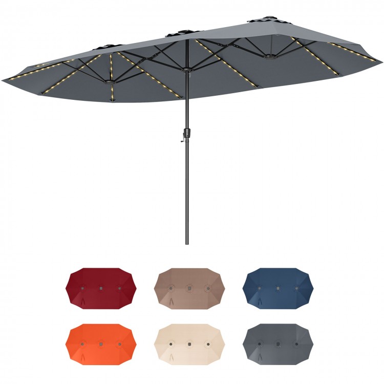 15.5 ft gray patio umbrella with LED solar lights, double-sided design, and crank handle for easy operation.