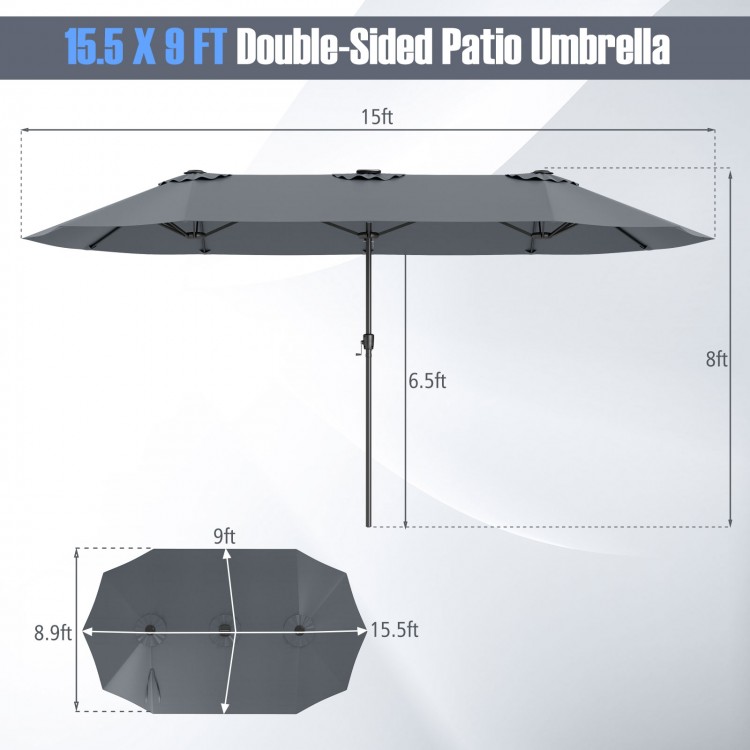 Double-sided 15.5 ft gray patio umbrella with LED solar lights, crank handle, and air vent for enhanced shade coverage.