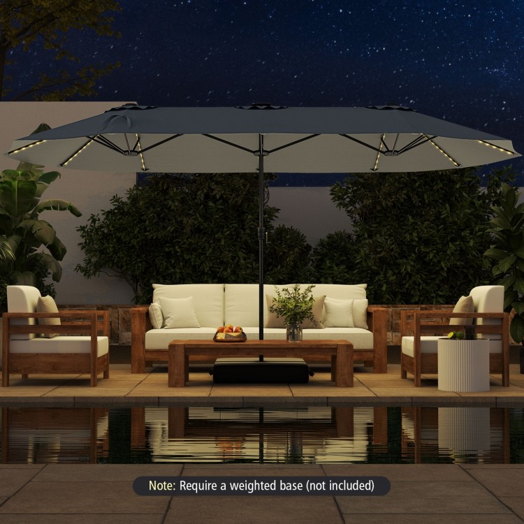 15.5 ft gray patio umbrella with LED solar lights, double-sided design, and crank handle, perfect for outdoor shade.