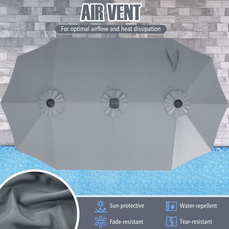 Extra-large 15.5 ft gray patio umbrella with air vent, LED lights, and crank handle for enhanced outdoor shade.
