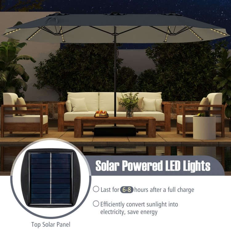 15.5 ft gray patio umbrella with solar-powered LED lights, double-sided design, and crank handle for easy operation.