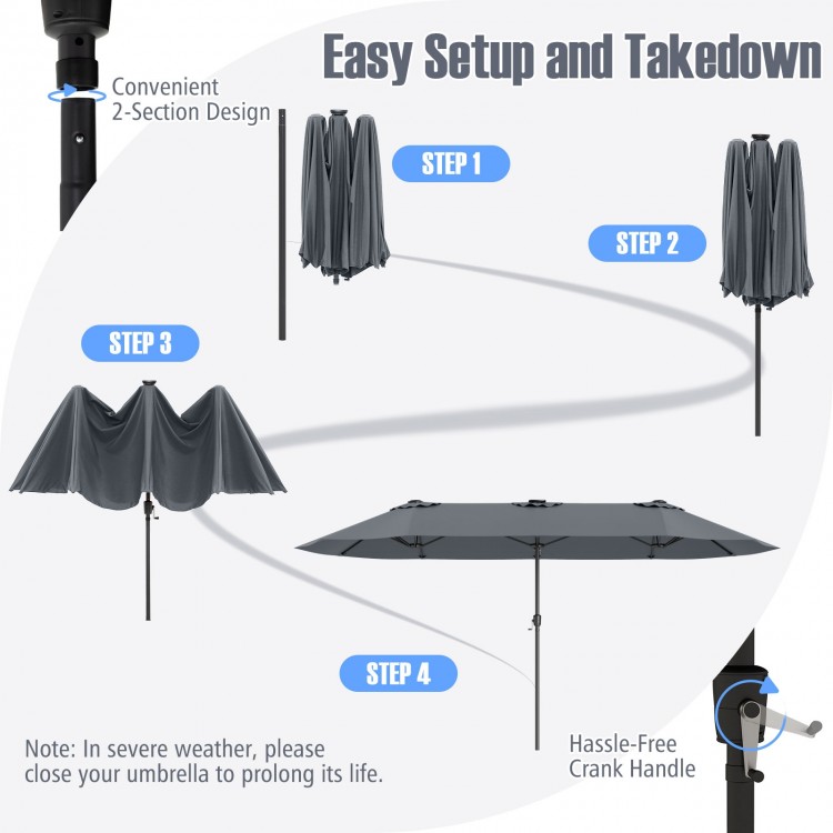 15.5 ft gray patio umbrella with LED solar lights, showing easy setup steps and crank handle for effortless operation.