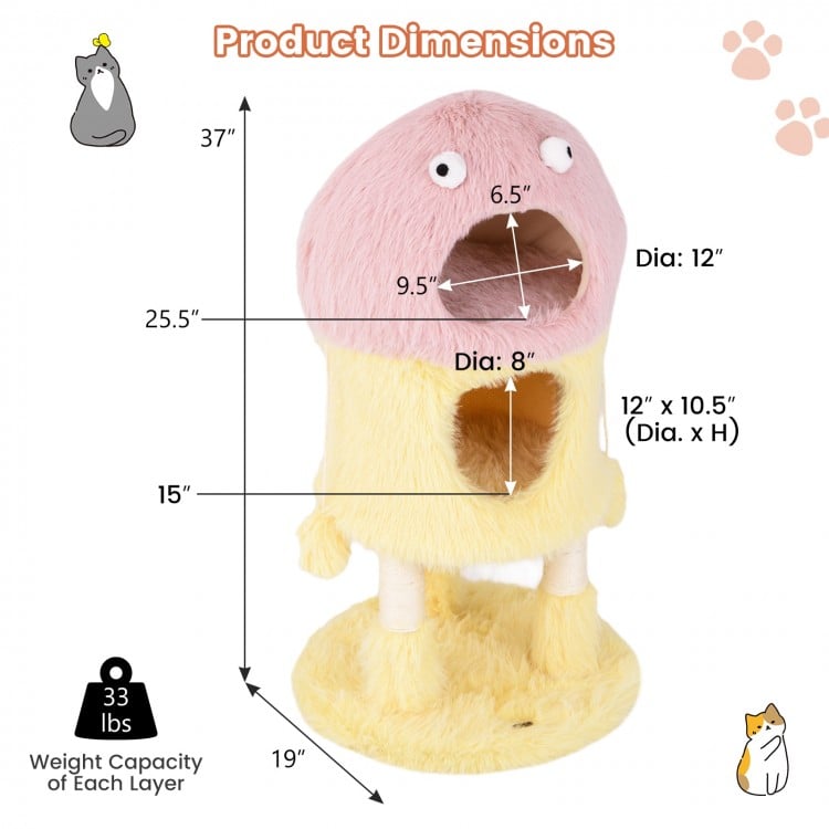 Cute monster-themed cat tower with 2 condos, sisal scratching post, and plush fabric for cozy cat play and relaxation.