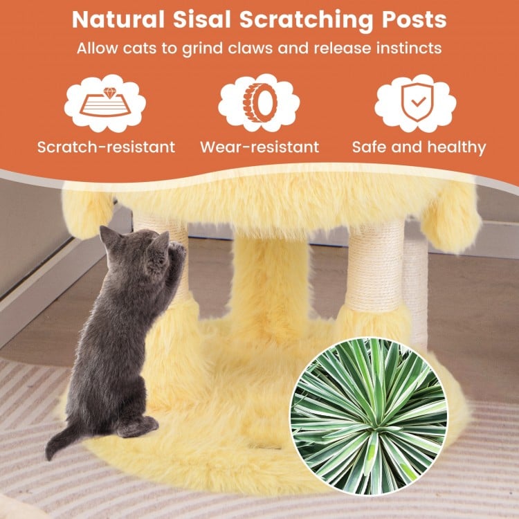Cute monster-themed cat tower in yellow with sisal scratching post, cozy condos, and plush hanging toys for playful.
