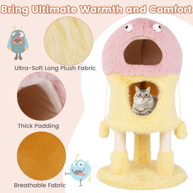 Cute monster-themed cat tower in yellow with two condos, plush fabric, and sisal scratching post for playful comfort.