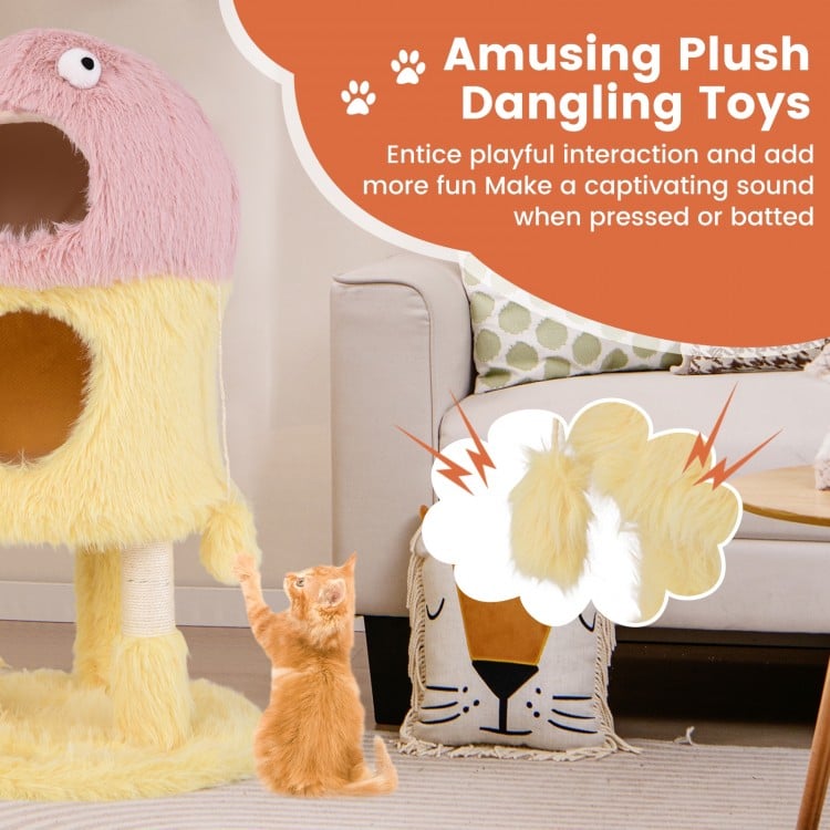 Cute monster-themed cat tower in yellow with plush dangling toys, cozy condos, and sisal scratching post for playful.
