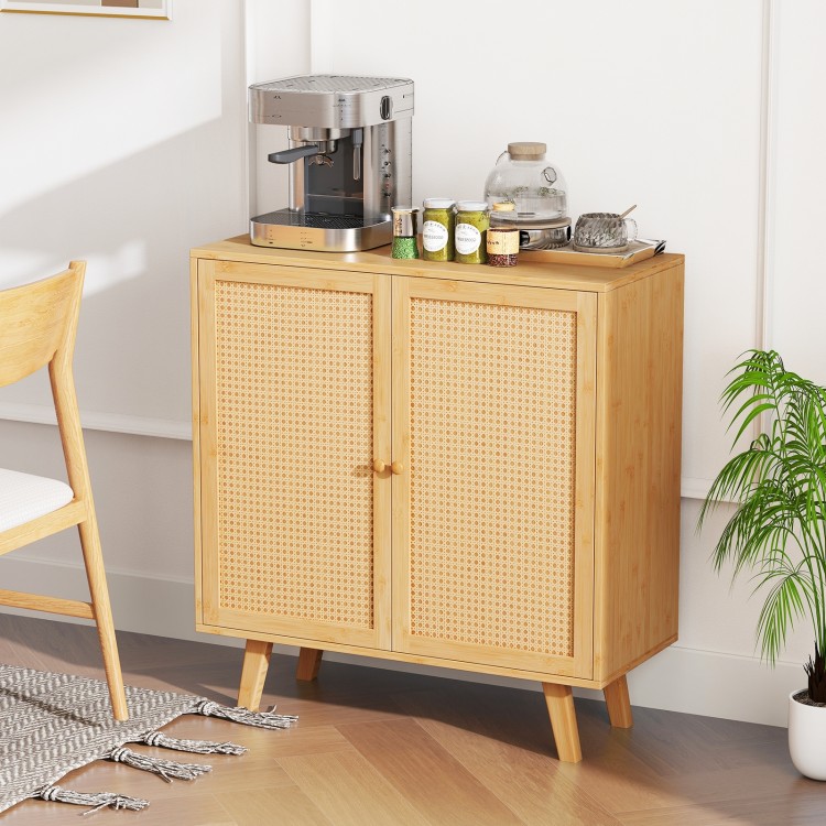 Bamboo buffet storage cabinet with PE rattan doors, double doors for organizing kitchenware, ideal for stylish storage.