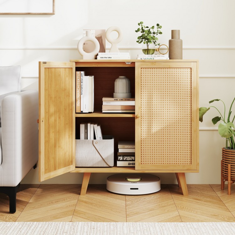 Bamboo buffet storage cabinet with PE rattan doors, featuring double doors and a chic boho design for kitchen.