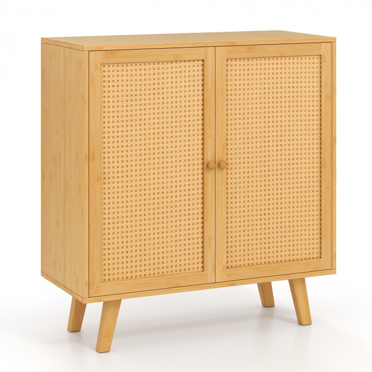 Bamboo buffet storage cabinet with PE rattan doors, double doors for kitchen organization, and stylish boho design.